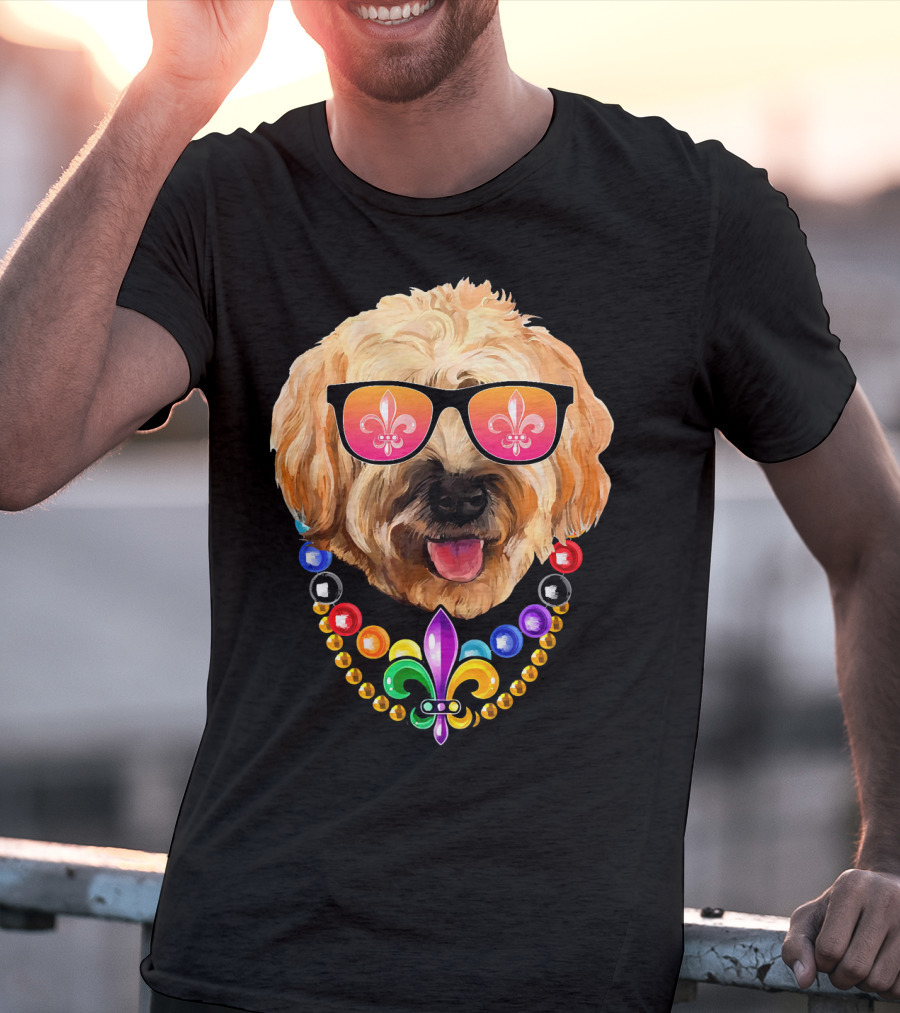 Goldendoodle Mardi Gras Beads Sunglasses Fleur-de-Lis T-Shirt