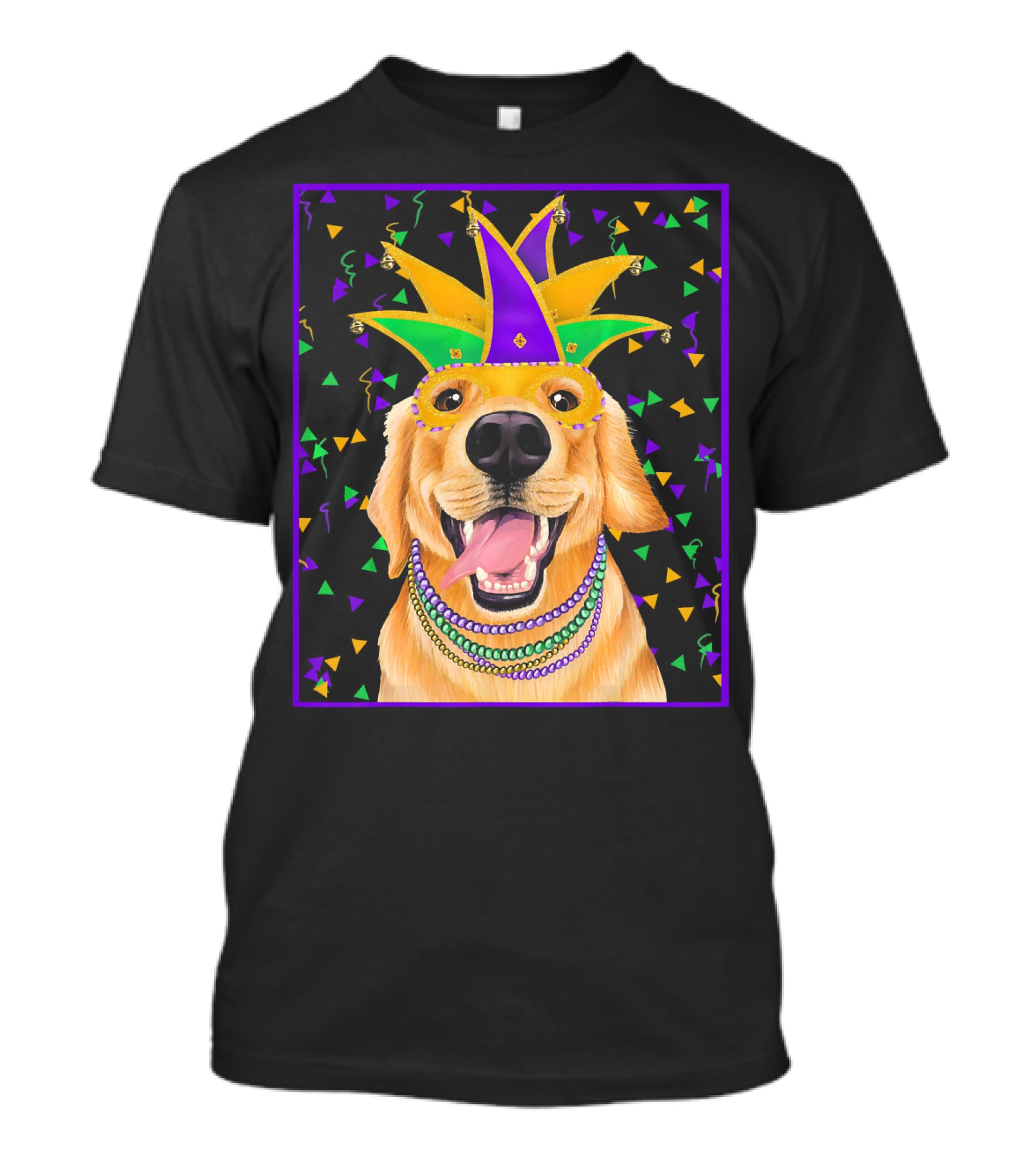 Mardi Gras Golden Retriever Wearing Colorful Jester Mask And Beads T-Shirt