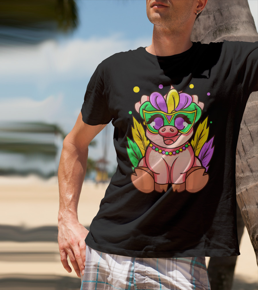 Cute Mardi Gras Pig With Colorful Mardi Gras Mask And Beads T-Shirt