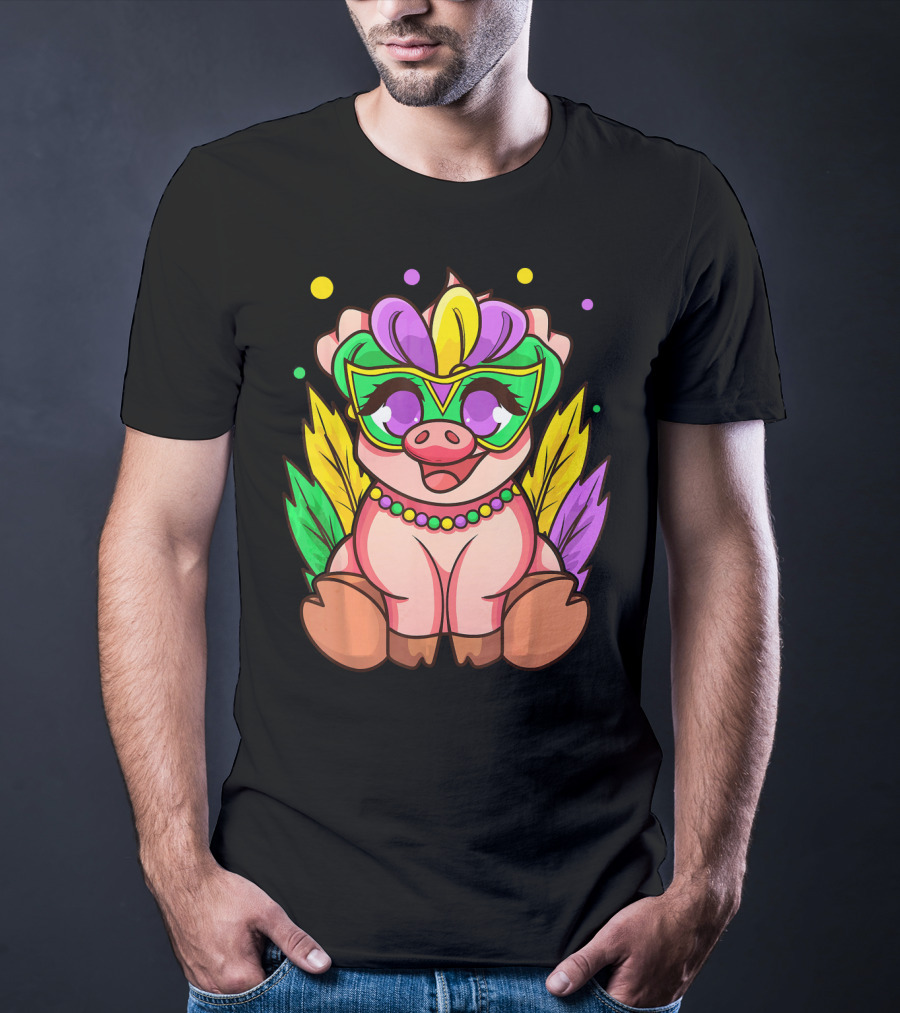Cute Mardi Gras Pig With Colorful Mardi Gras Mask And Beads T-Shirt