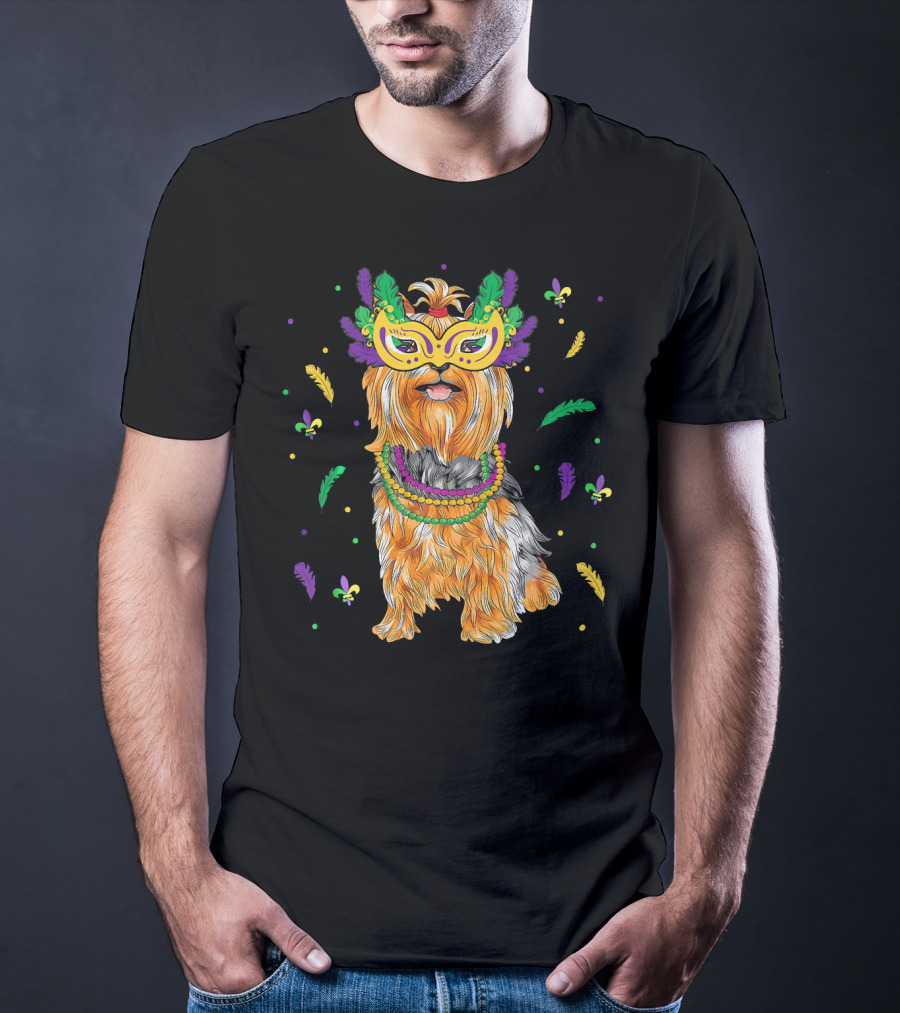 Beads Mask Yorkshire Terrier Mardi Gras Fleur De Lis Feathers T-Shirt