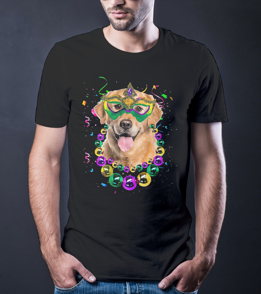 Golden Retriever With Mardi Gras Mask And Beads T-Shirt