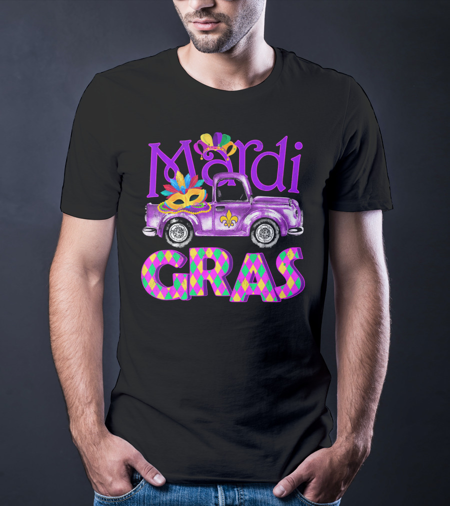 Mardi Gras Truck Mask With Colorful Feathered Costume T-Shirt