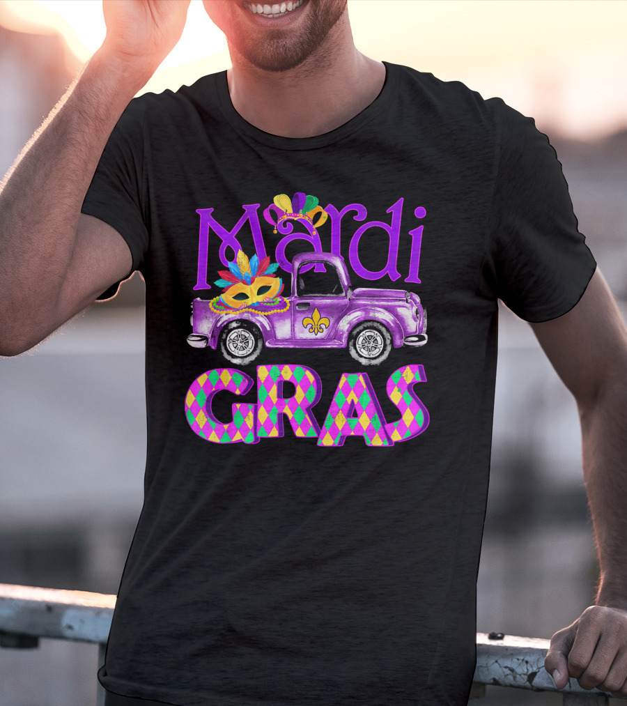 Mardi Gras Truck Mask With Colorful Feathered Costume T-Shirt
