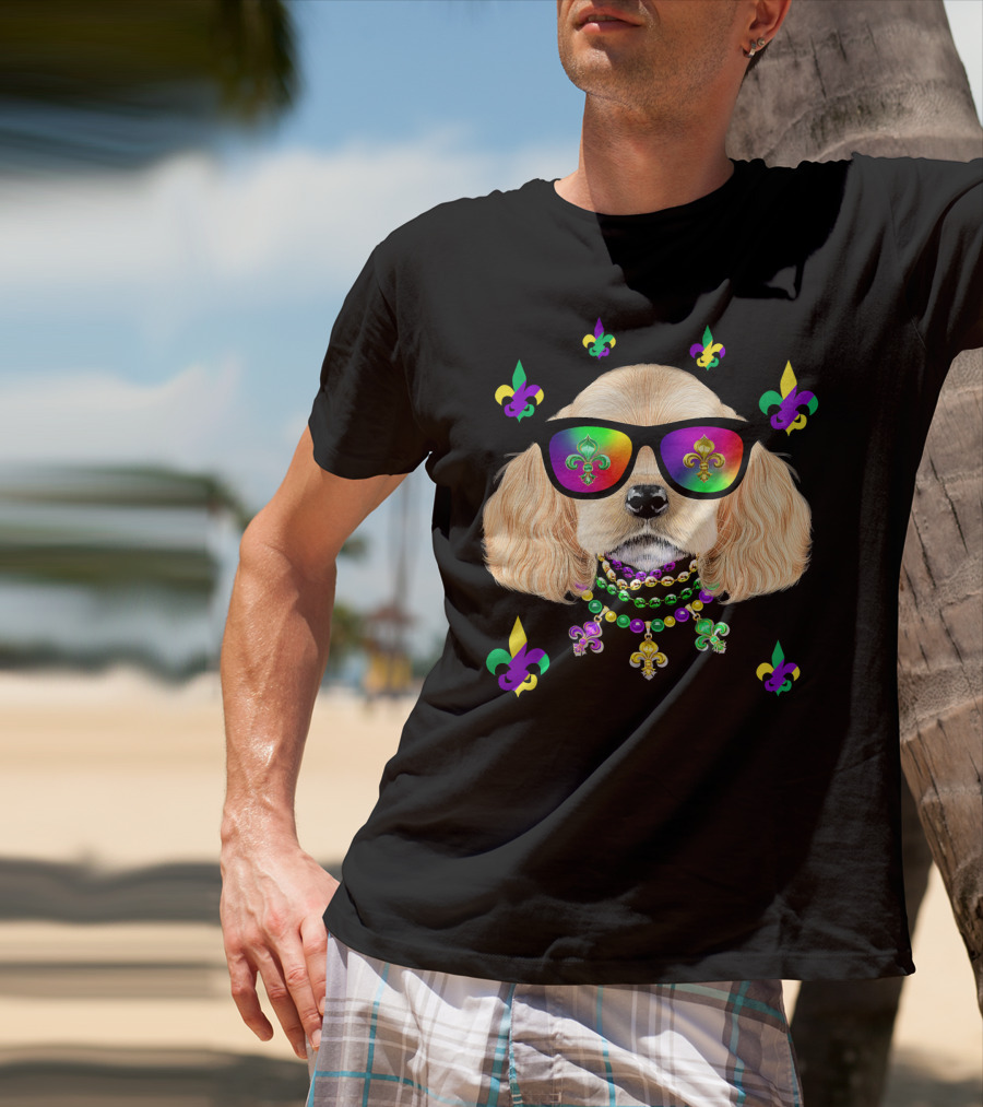 Dog Wearing Mardi Gras Beads And Sunglasses With Fleur-de-Lis T-Shirt