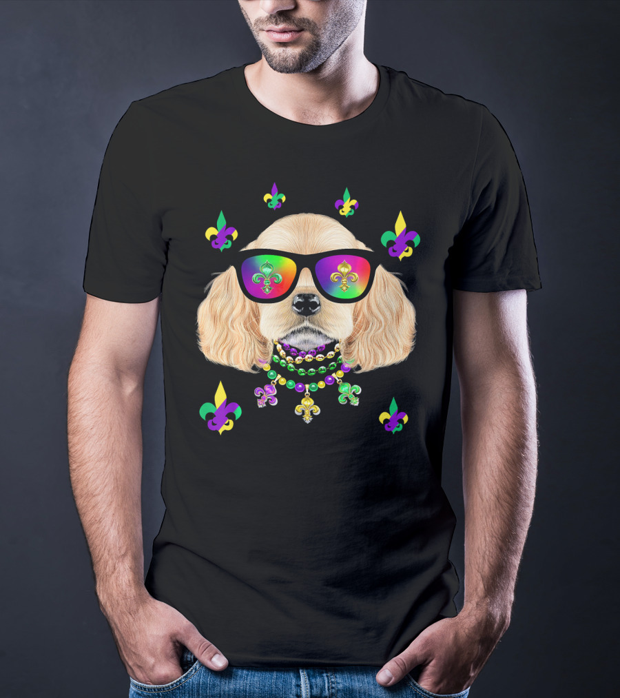 Dog Wearing Mardi Gras Beads And Sunglasses With Fleur-de-Lis T-Shirt