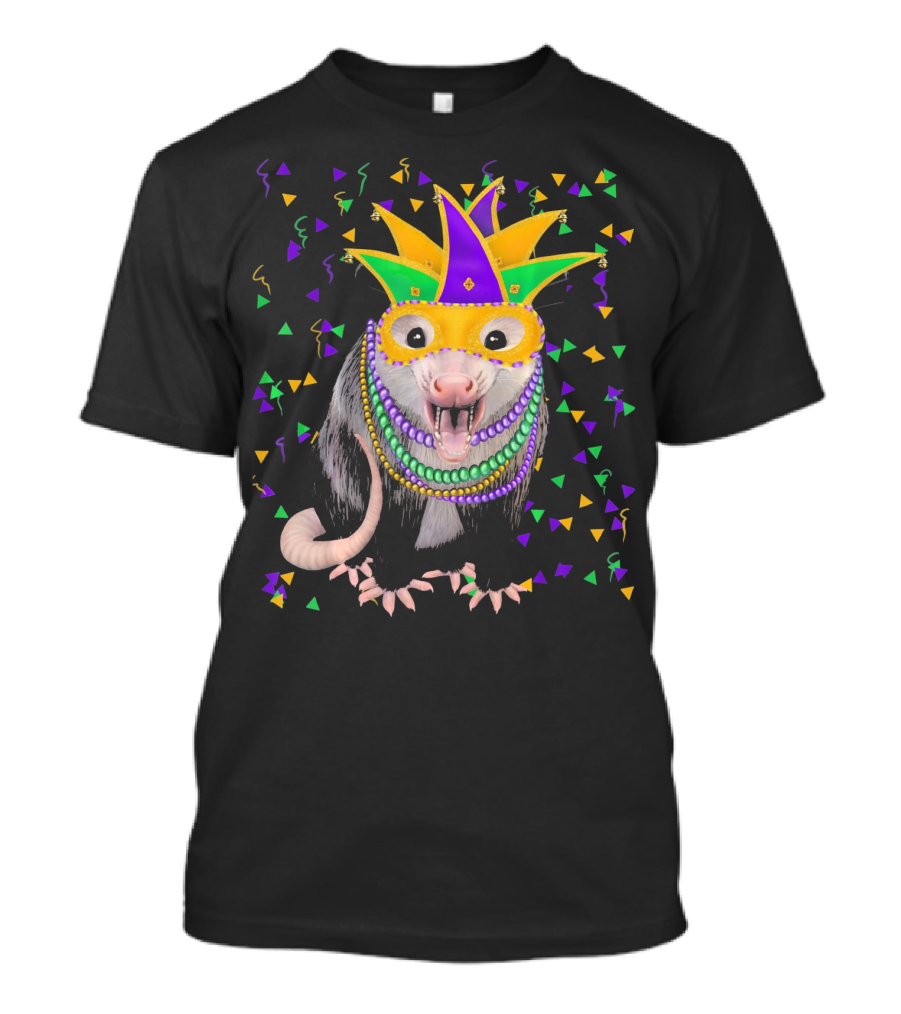 Mardi Gras Possum Wearing Colorful Mask And Beads With Confetti T-Shirt