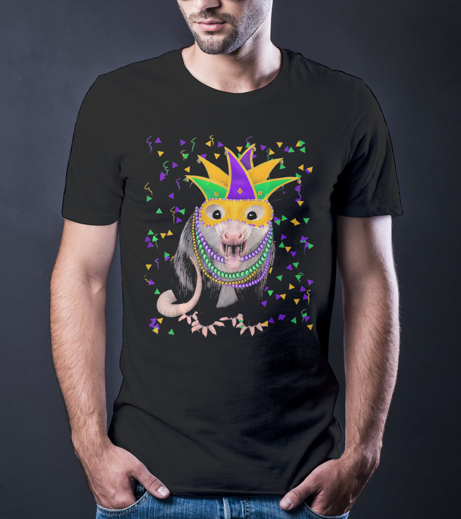 Mardi Gras Possum Wearing Colorful Mask And Beads With Confetti T-Shirt