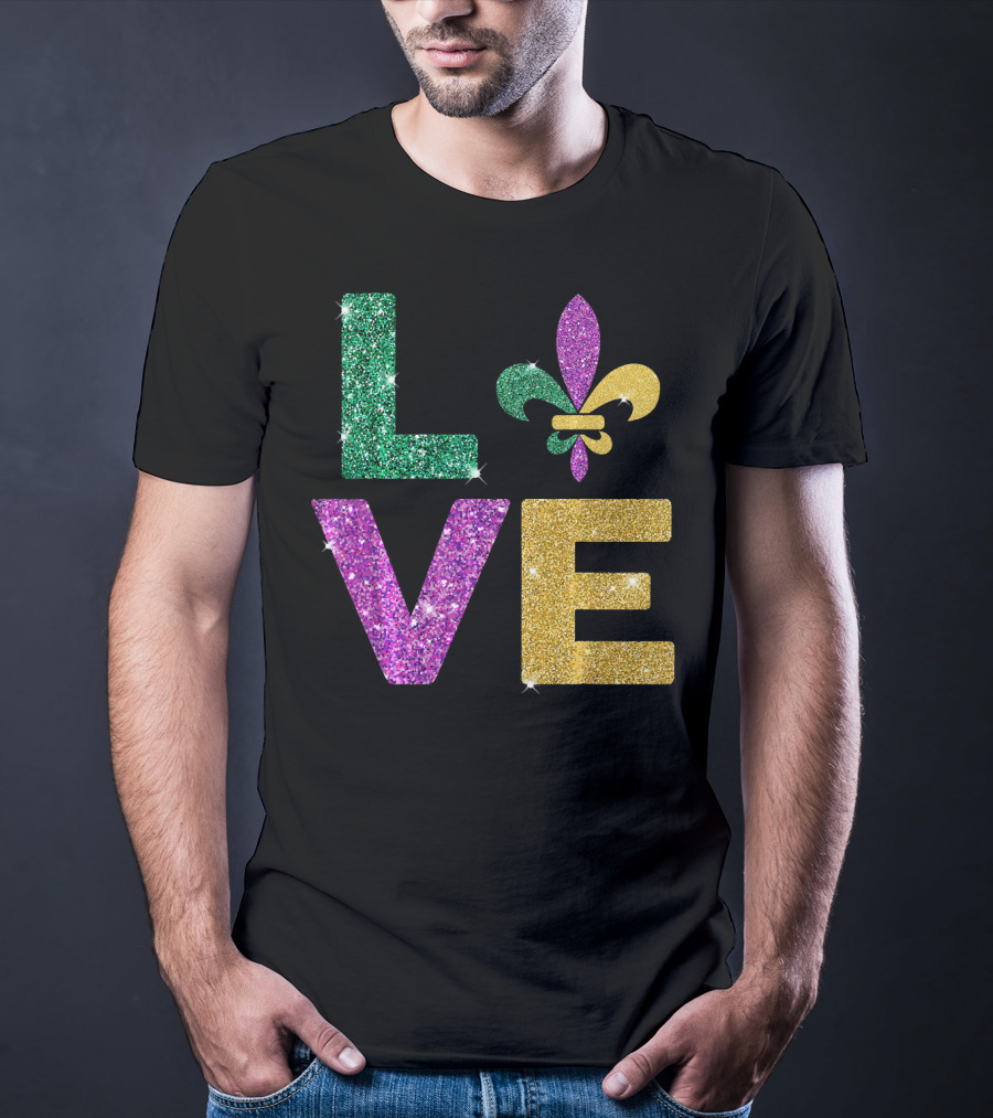 LOVE Mardi Gras Carnival Fleur-de-Lis Glitter T-Shirt