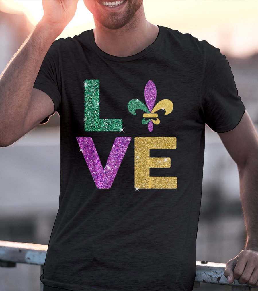 LOVE Mardi Gras Carnival Fleur-de-Lis Glitter T-Shirt