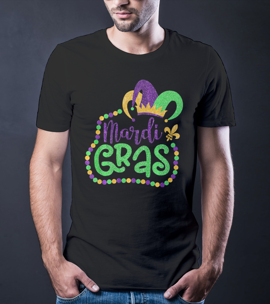 Mardi Gras Glitter Jester Hat Fleur De Lis T-Shirt