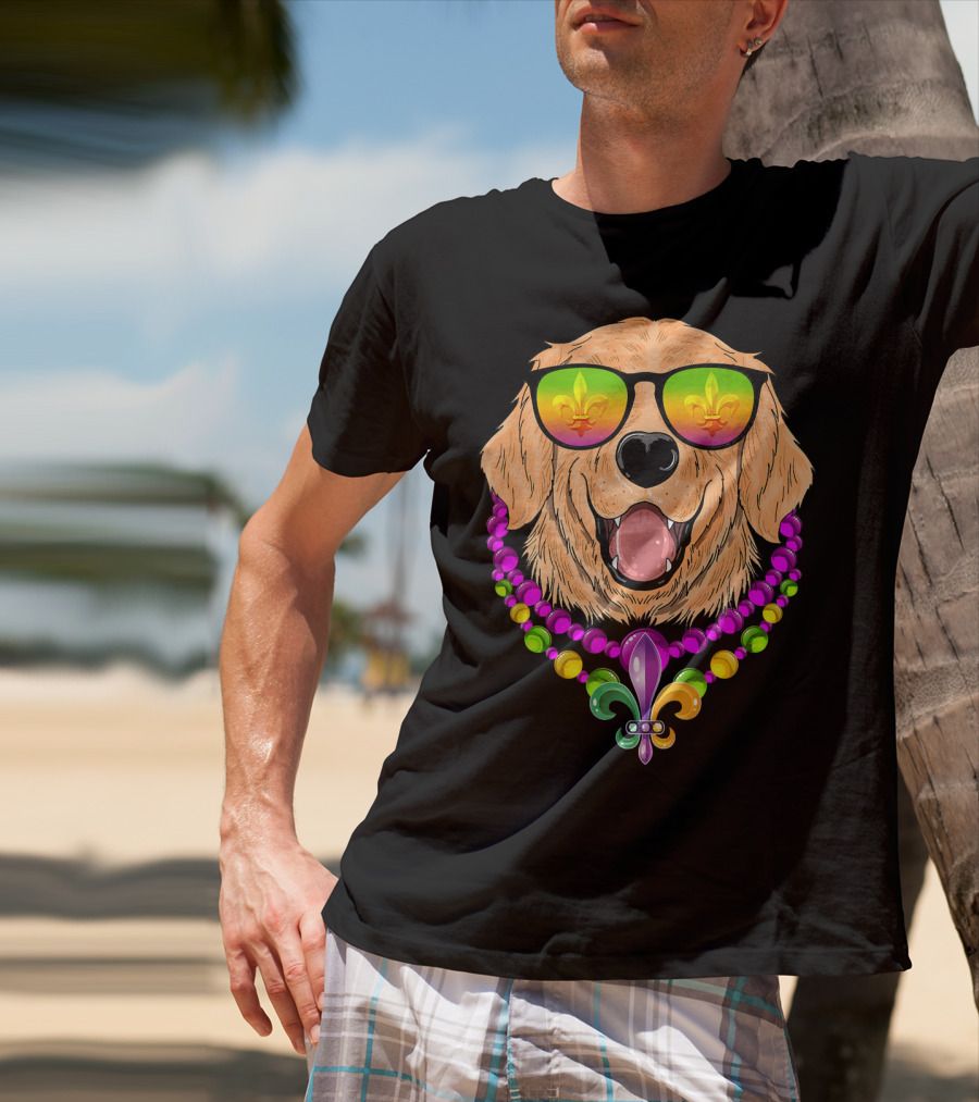 Golden Retriever With Fleur-de-Lis Beads And Sunglasses Mardi Gras T-Shirt