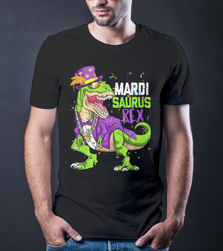 Mardi Saurus Rex Dinosaur Mardi Gras Confetti Fleur-de-lis Beads Hat T-Shirt