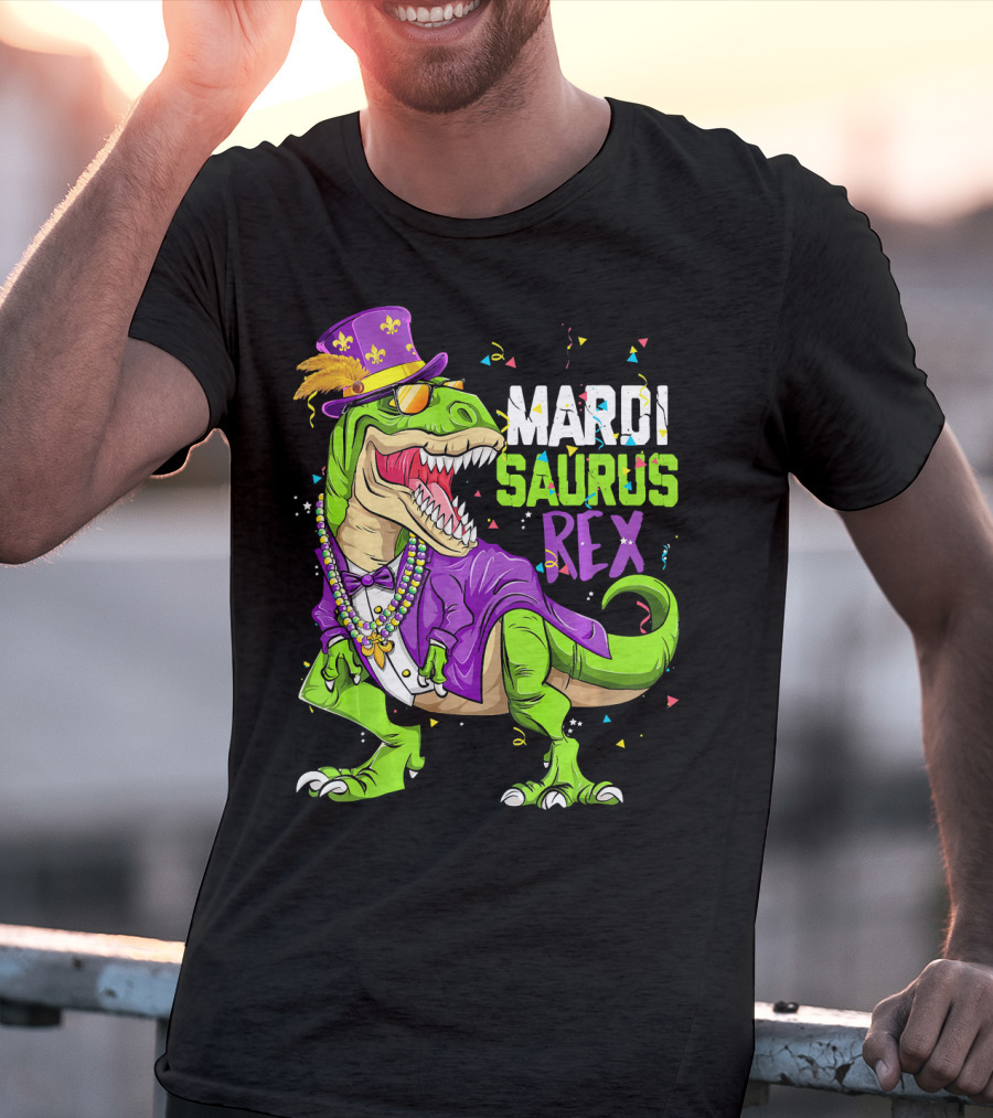Mardi Saurus Rex Dinosaur Mardi Gras Confetti Fleur-de-lis Beads Hat T-Shirt