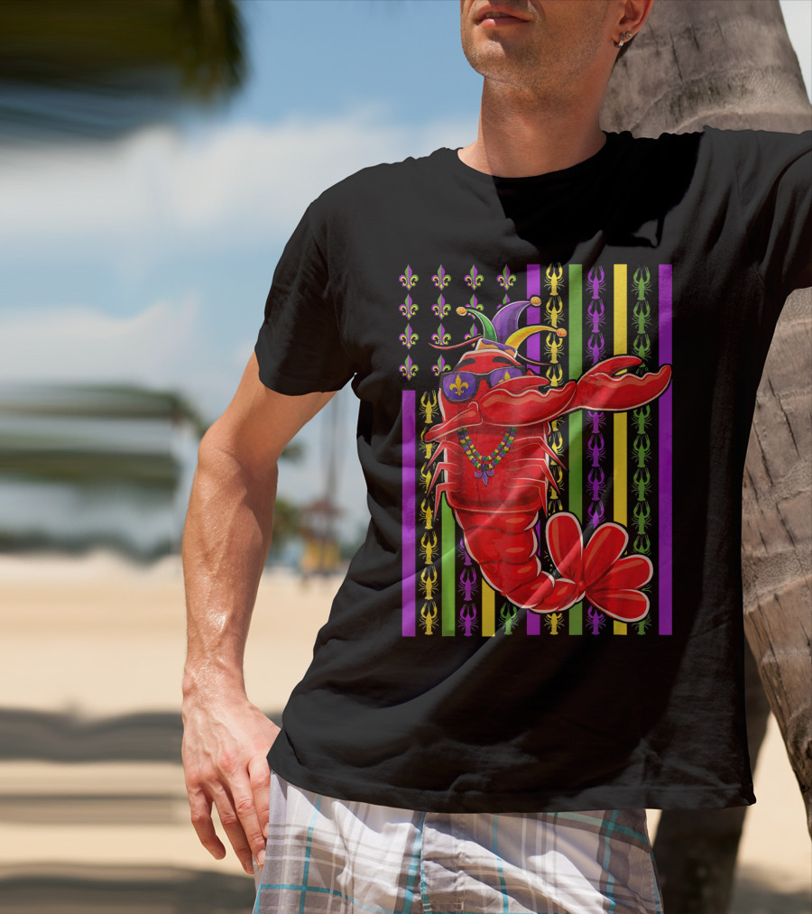Funny Mardi Gras Crawfish Dabbing Americ Jester Hat Beads Fleur-de-Lis Stripes T-Shirt