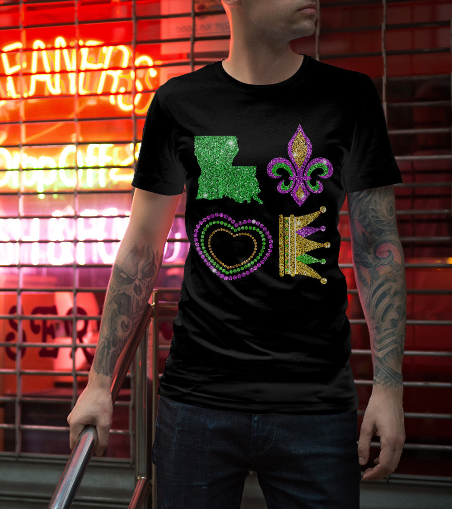 Love Mardi Gras Funny New Orleans Mardi Louisiana Glitter Fleur-de-Lis Heart Crown T-Shirt