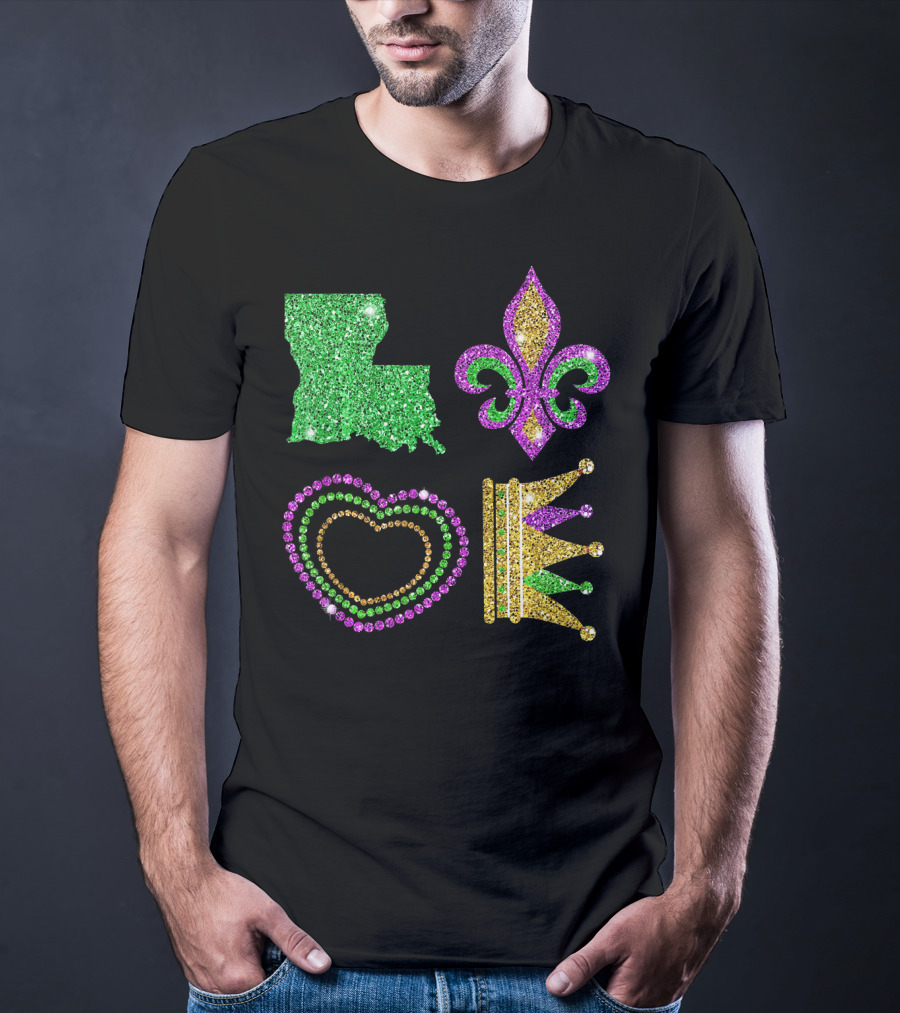 Love Mardi Gras Funny New Orleans Mardi Louisiana Glitter Fleur-de-Lis Heart Crown T-Shirt