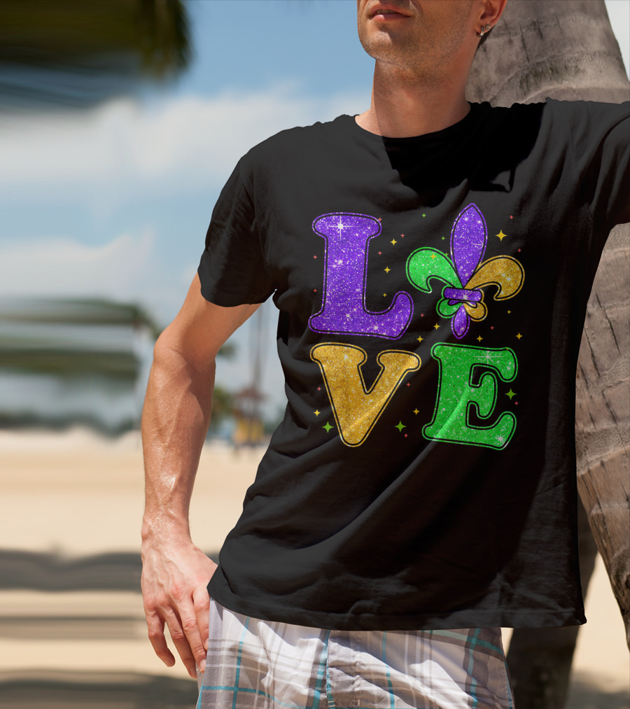 Love Mardi Gras Fleur De Lis Glitter T-Shirt