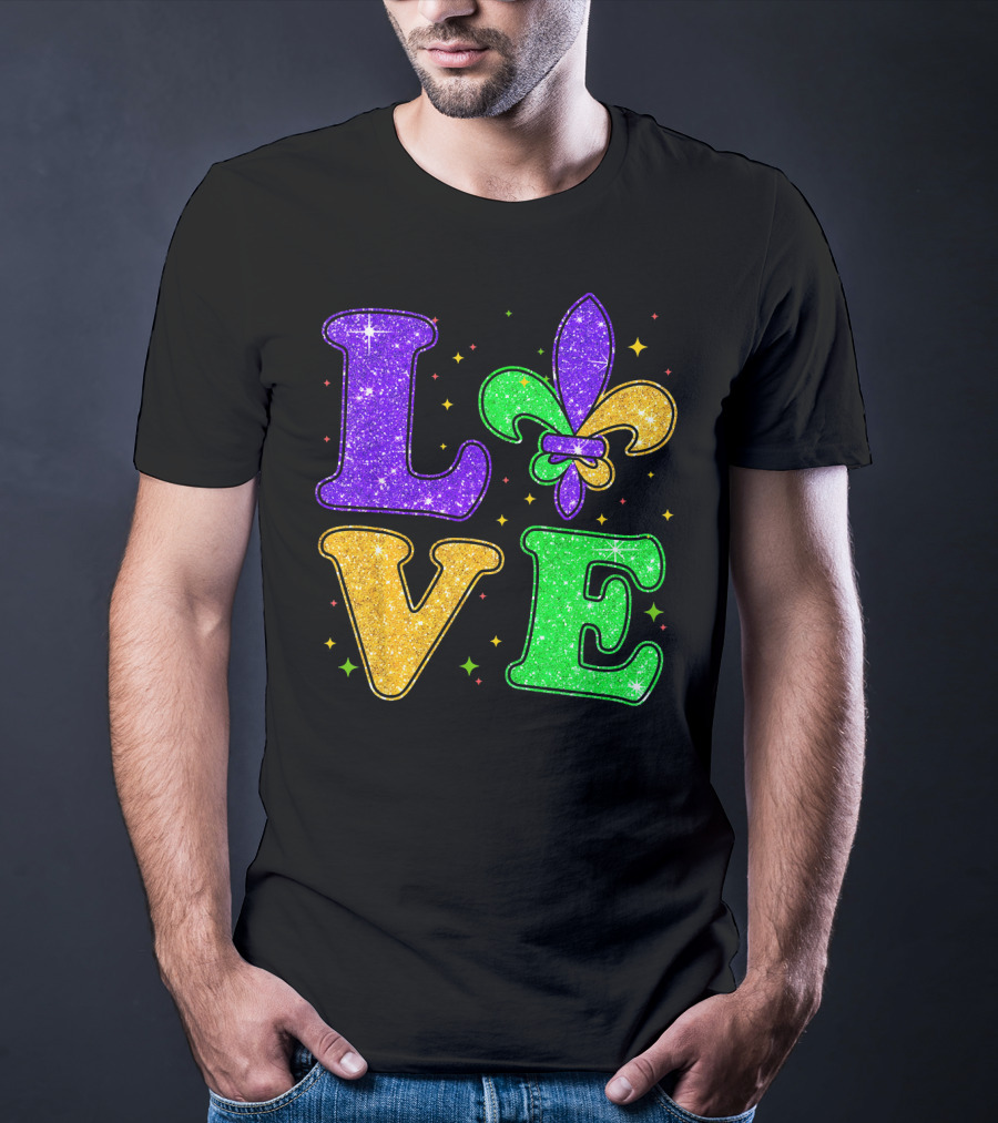 Love Mardi Gras Fleur De Lis Glitter T-Shirt
