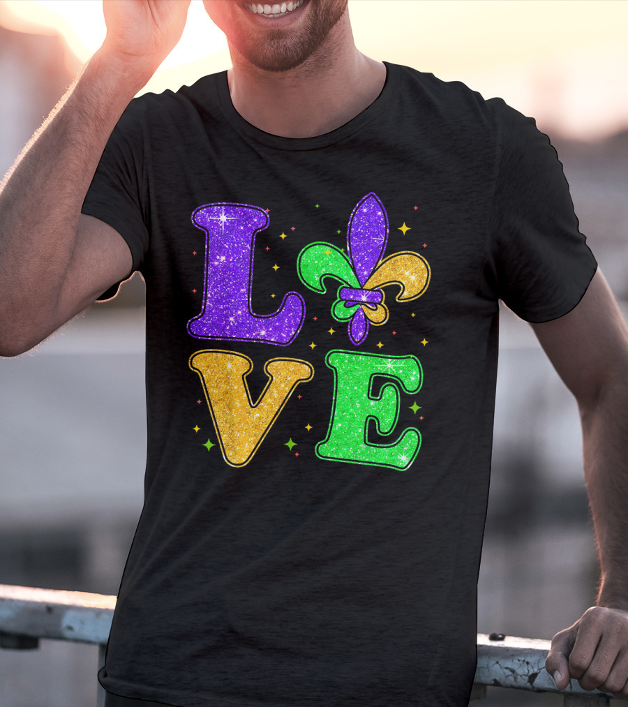 Love Mardi Gras Fleur De Lis Glitter T-Shirt
