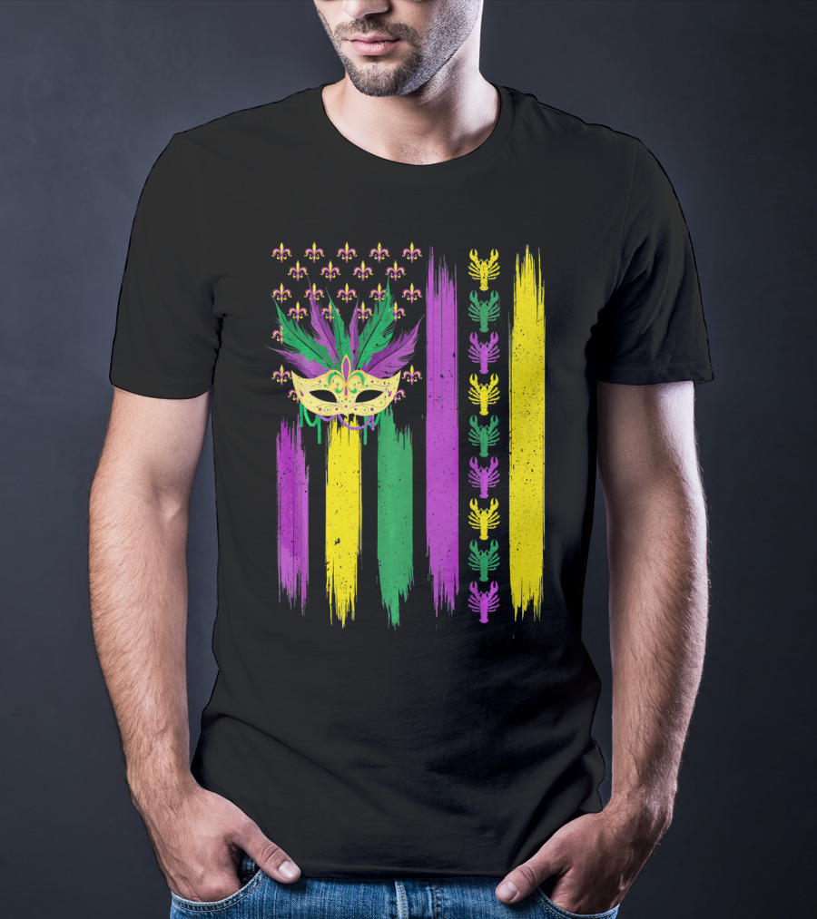 Crawfish Mask Mardi Gras Fleur-de-Lis American Flag Colors T-Shirt