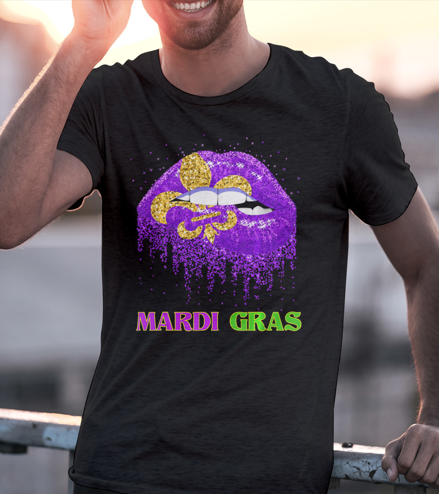 Mardi Gras Costume Funny Lips Glitter Fleur-de-lis T-Shirt
