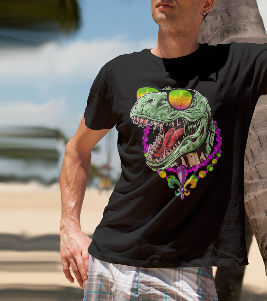 Dinosaur Rex Mardi Gras Beads With Fleur-de-Lis And Sunglasses T-Shirt