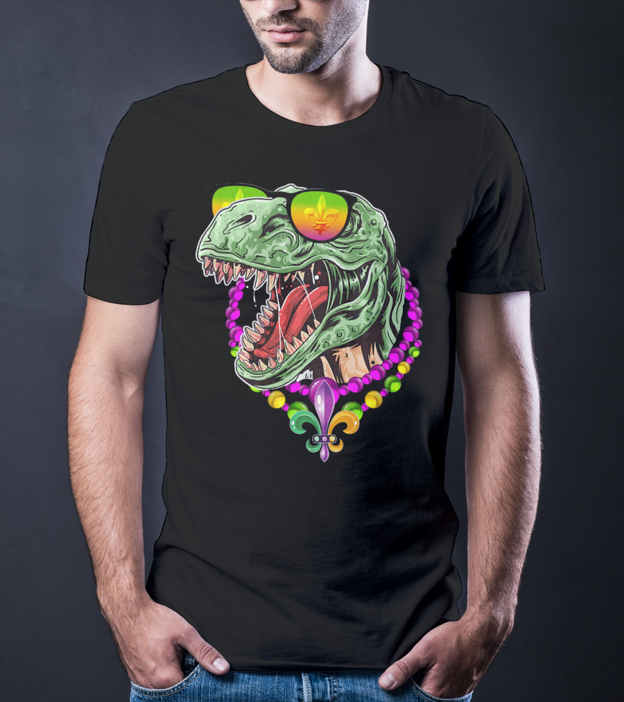 Dinosaur Rex Mardi Gras Beads With Fleur-de-Lis And Sunglasses T-Shirt