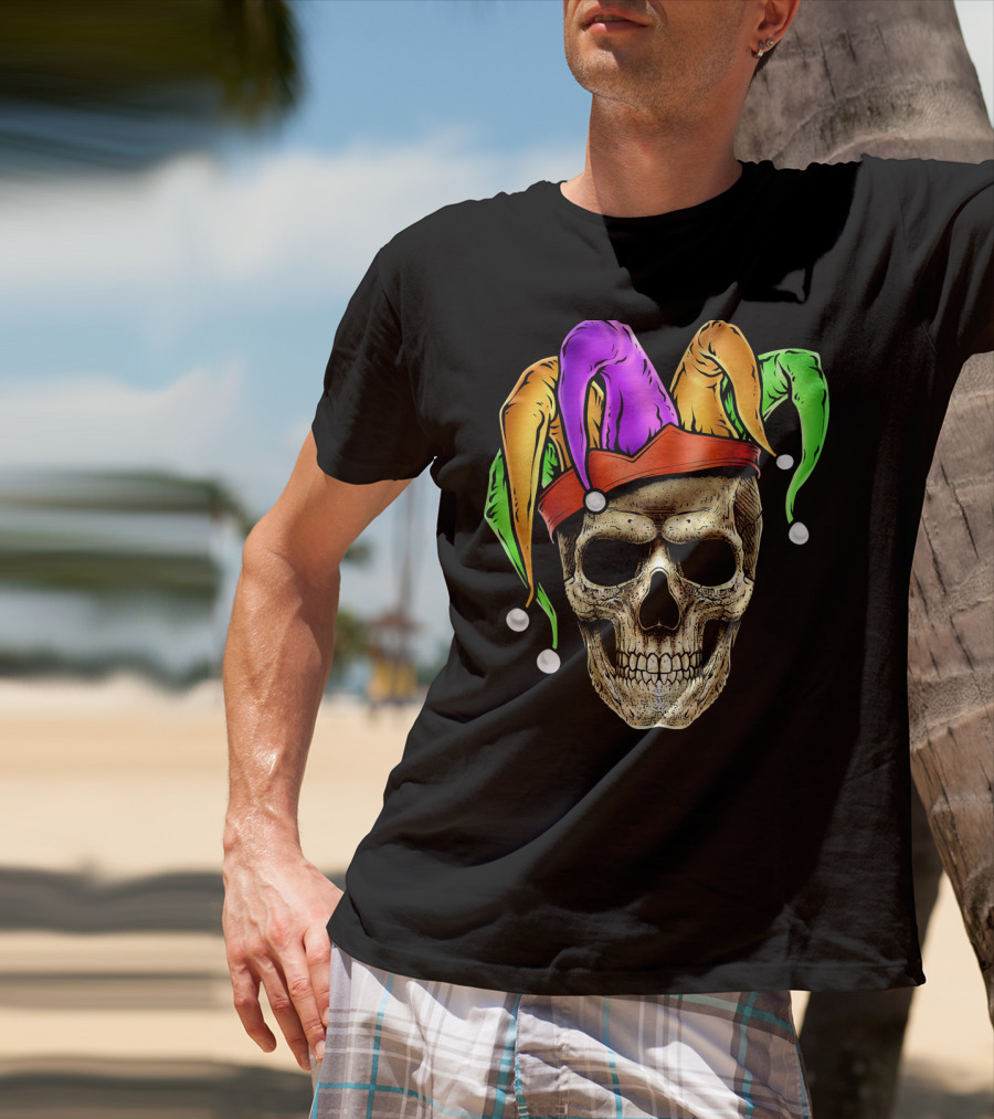 Skull Face Mardi Gras Jester Joker Colorful Hat T-Shirt