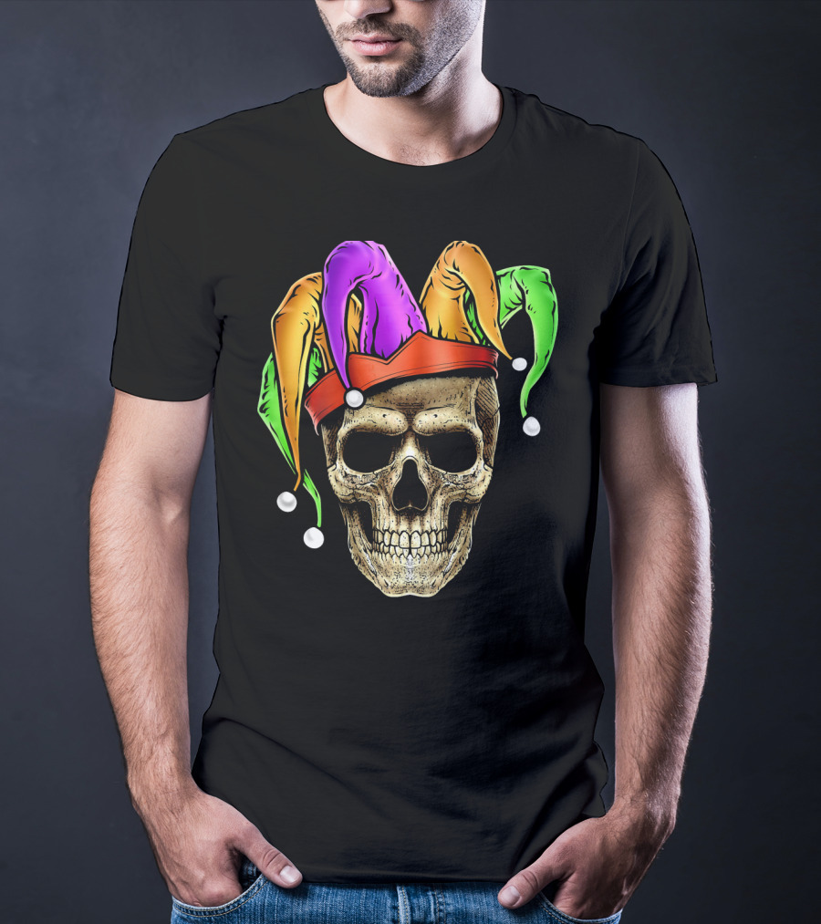 Skull Face Mardi Gras Jester Joker Colorful Hat T-Shirt