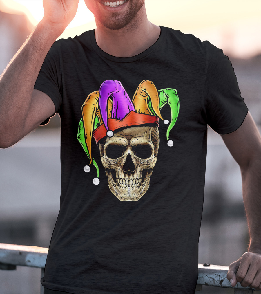 Skull Face Mardi Gras Jester Joker Colorful Hat T-Shirt
