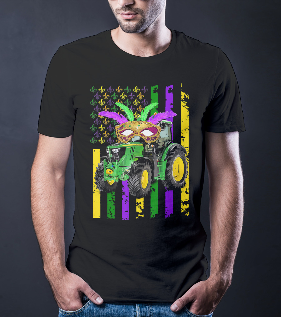 Mardi Gras Mask Tractor With Fleur-de-Lis And American Flag Colors T-Shirt