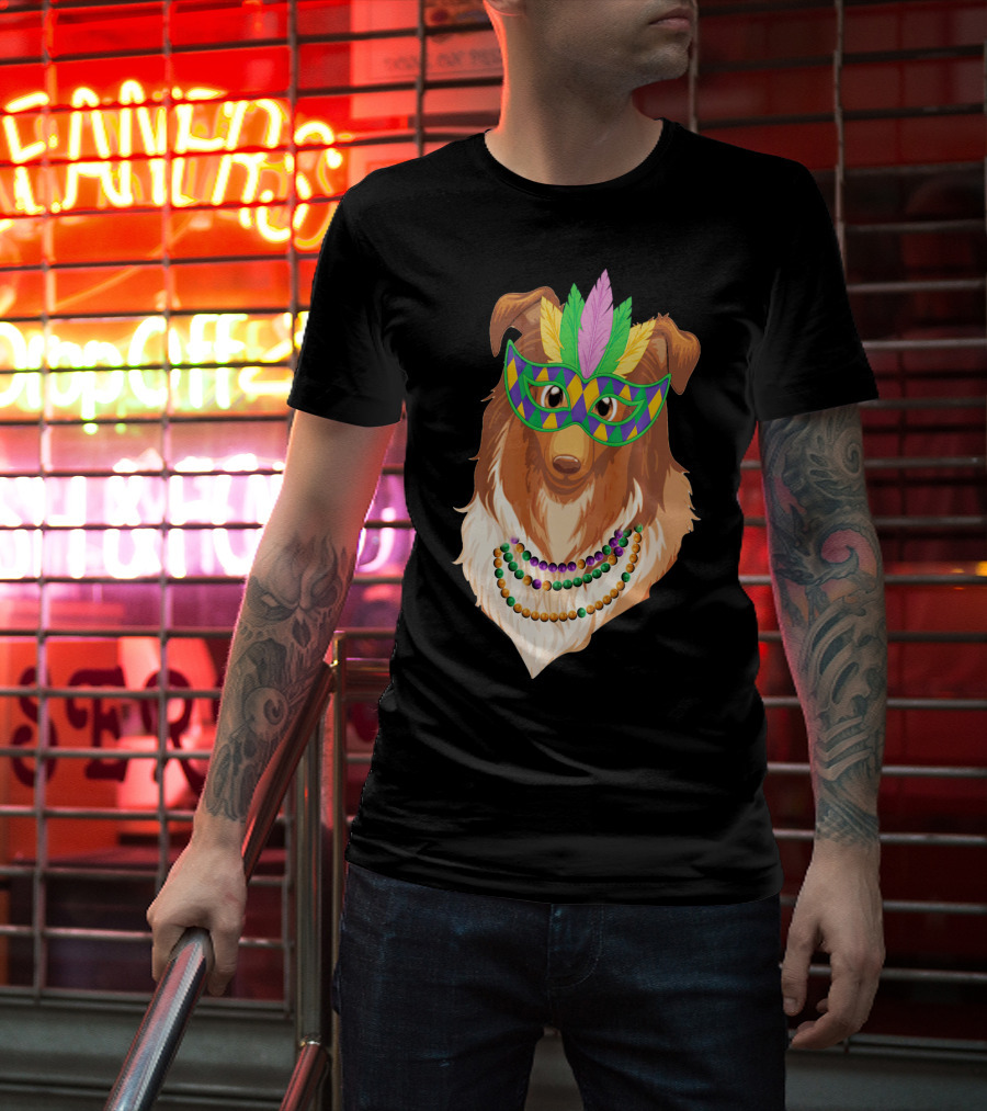 Collie Wearing Mardi Gras Mask And Beads T-Shirt