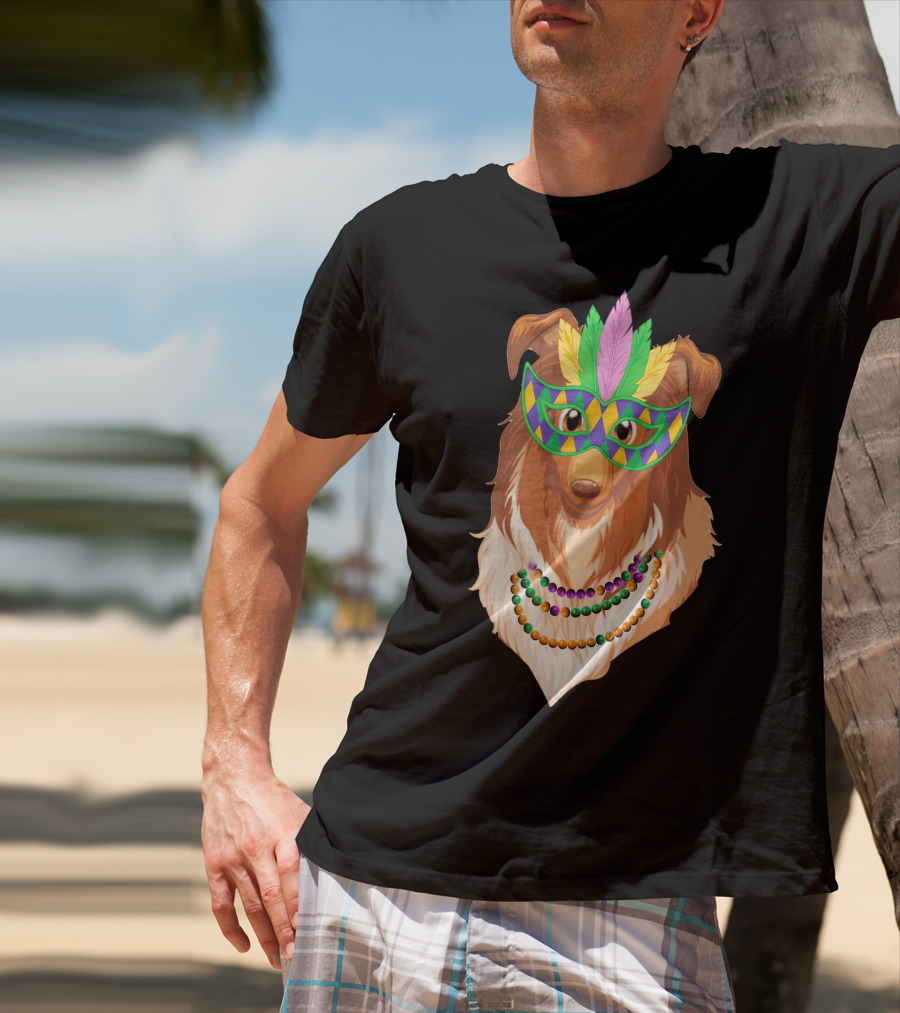 Collie Wearing Mardi Gras Mask And Beads T-Shirt
