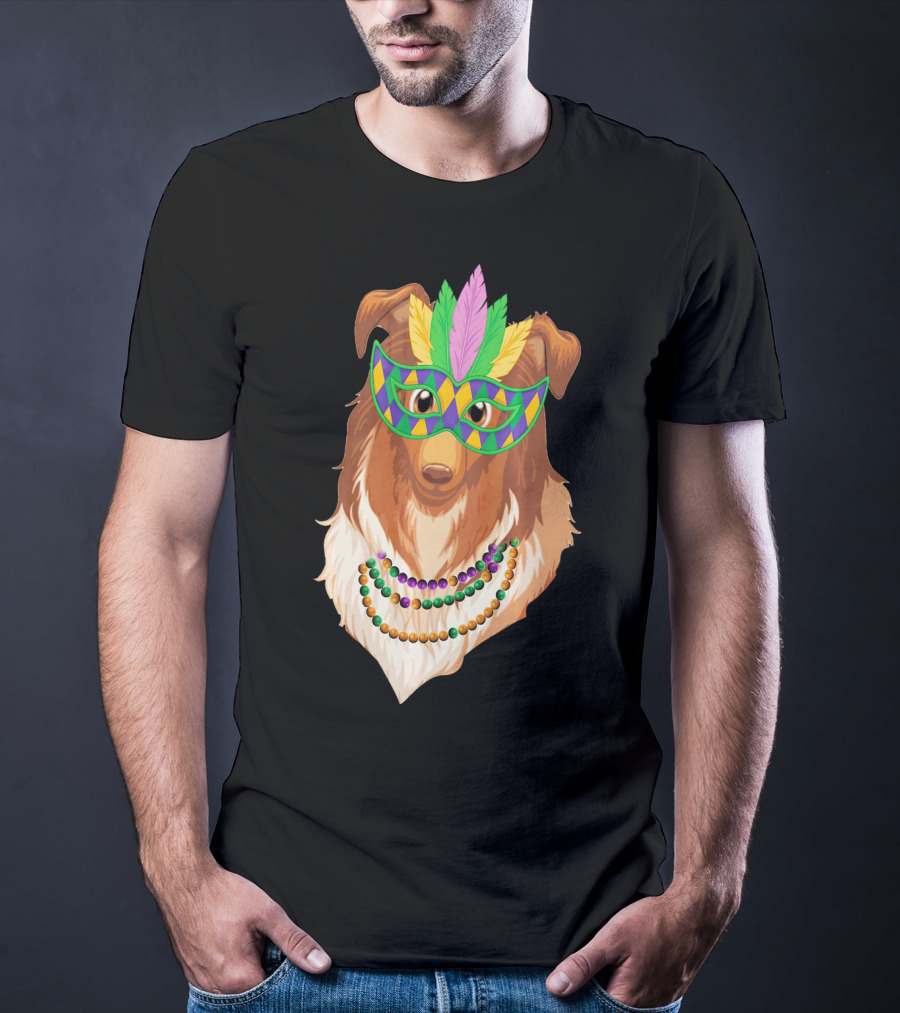 Collie Wearing Mardi Gras Mask And Beads T-Shirt