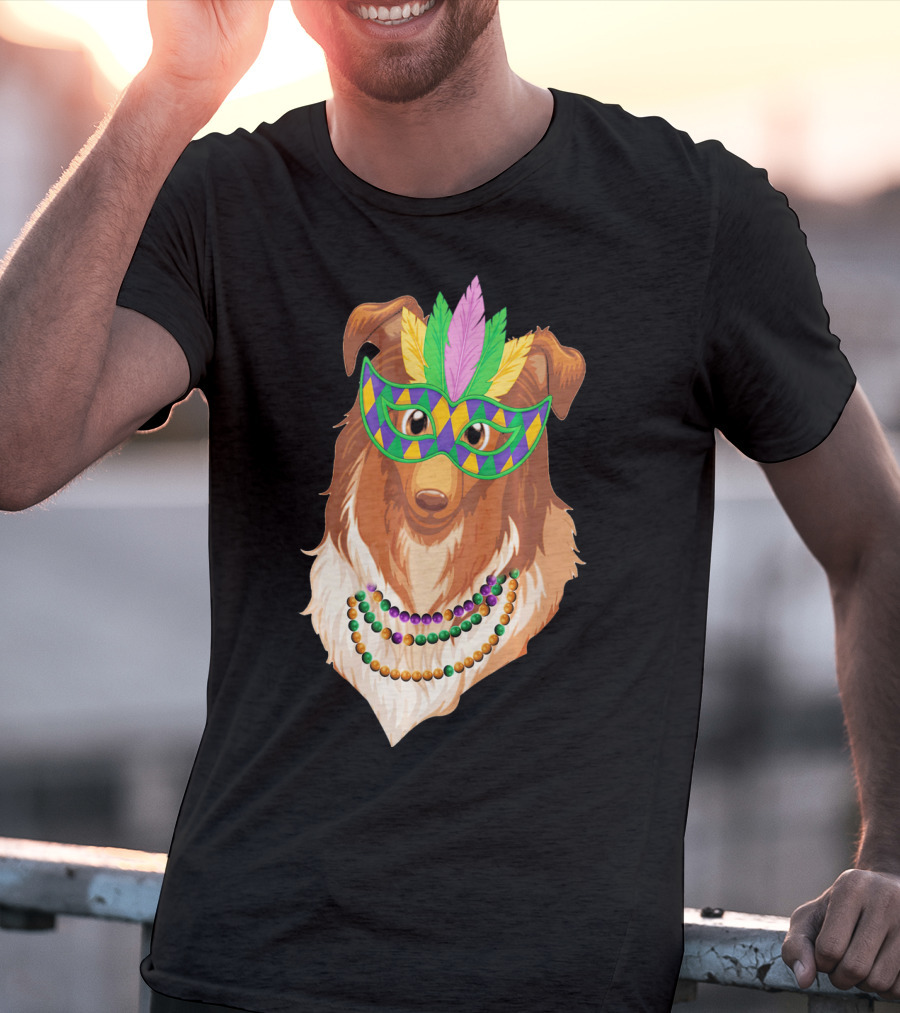 Collie Wearing Mardi Gras Mask And Beads T-Shirt