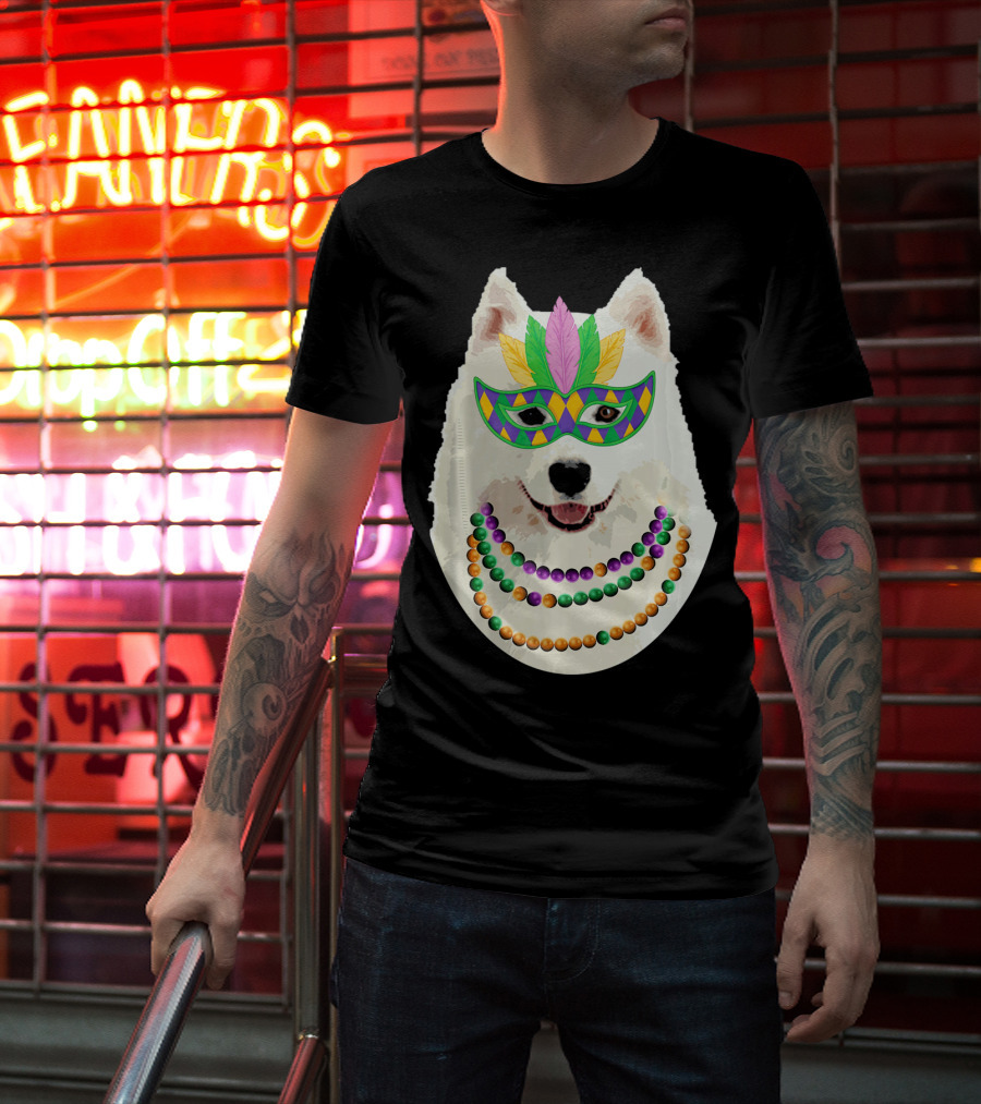 American Eskimo Dog Mardi Gras Mask Beads T-Shirt