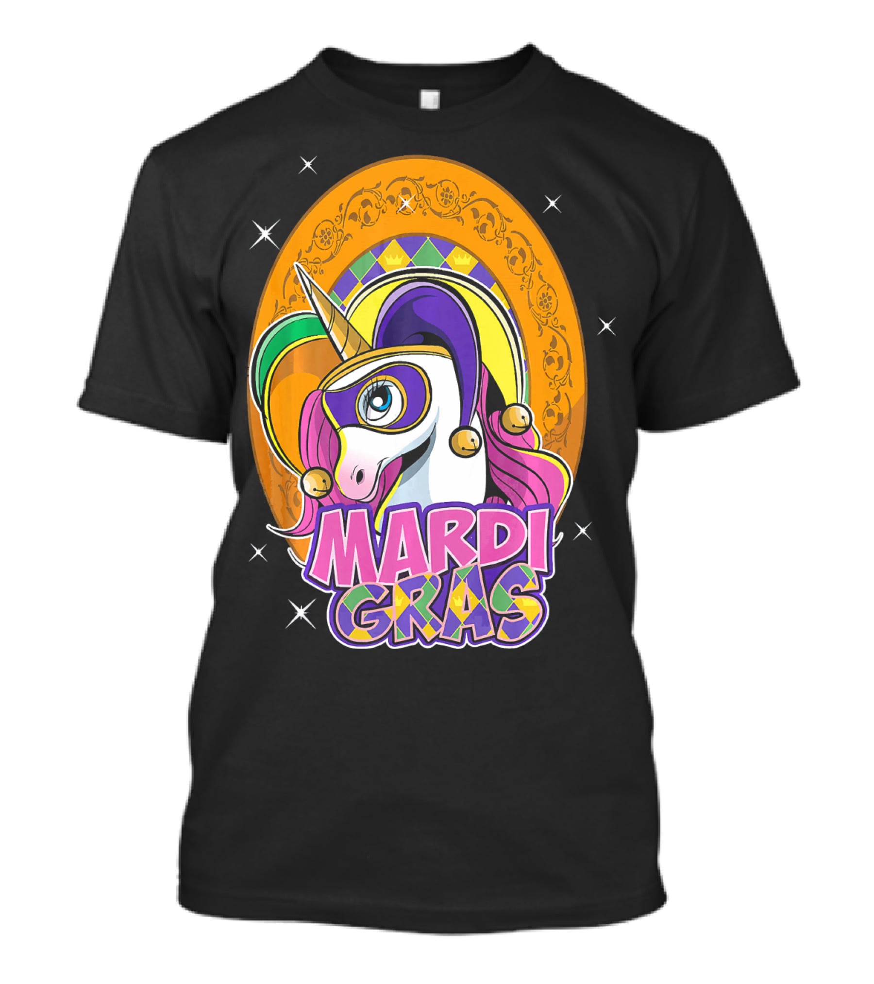 Mardi Gras Unicorn Mask Jester With Colorful Headpiece And Stars T-Shirt