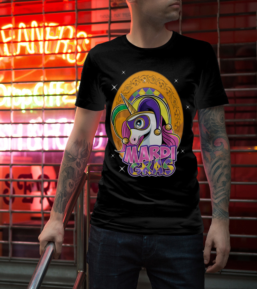 Mardi Gras Unicorn Mask Jester With Colorful Headpiece And Stars T-Shirt