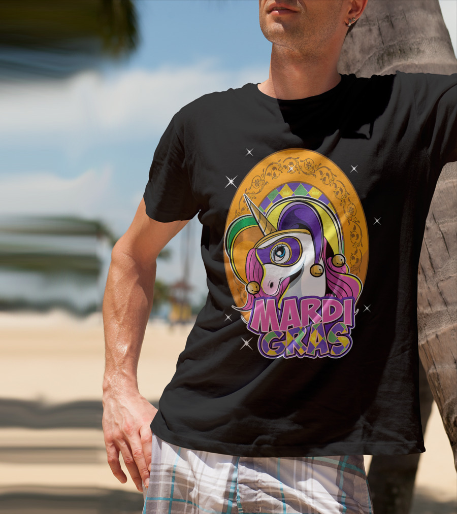 Mardi Gras Unicorn Mask Jester With Colorful Headpiece And Stars T-Shirt