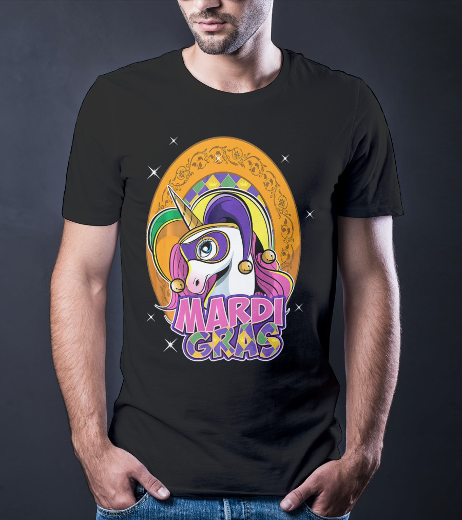 Mardi Gras Unicorn Mask Jester With Colorful Headpiece And Stars T-Shirt