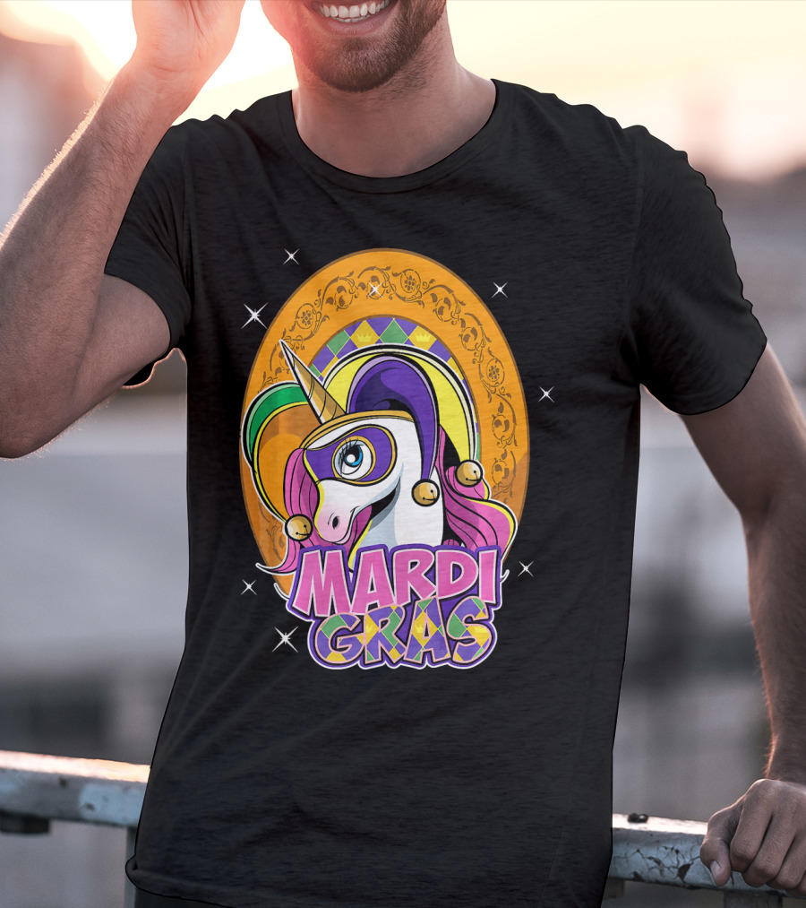 Mardi Gras Unicorn Mask Jester With Colorful Headpiece And Stars T-Shirt