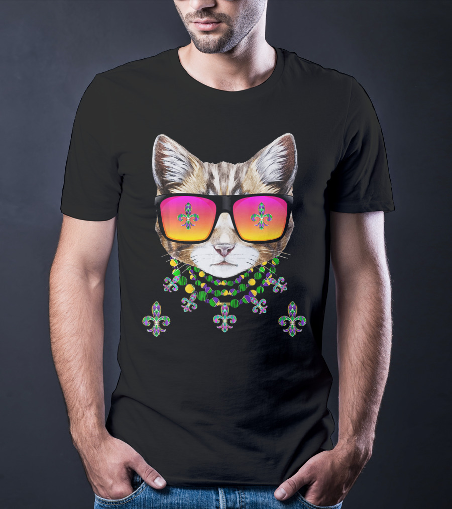 Mardi Gras Cat With Beads And Sunglasses Fleur-de-lis Icons T-Shirt