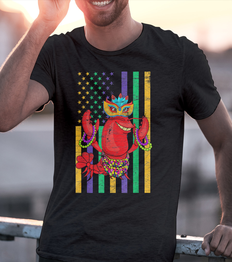 Funny Mardi Gras Crawfish In Bead Jester Hat With Colorful Star Stripes T-Shirt