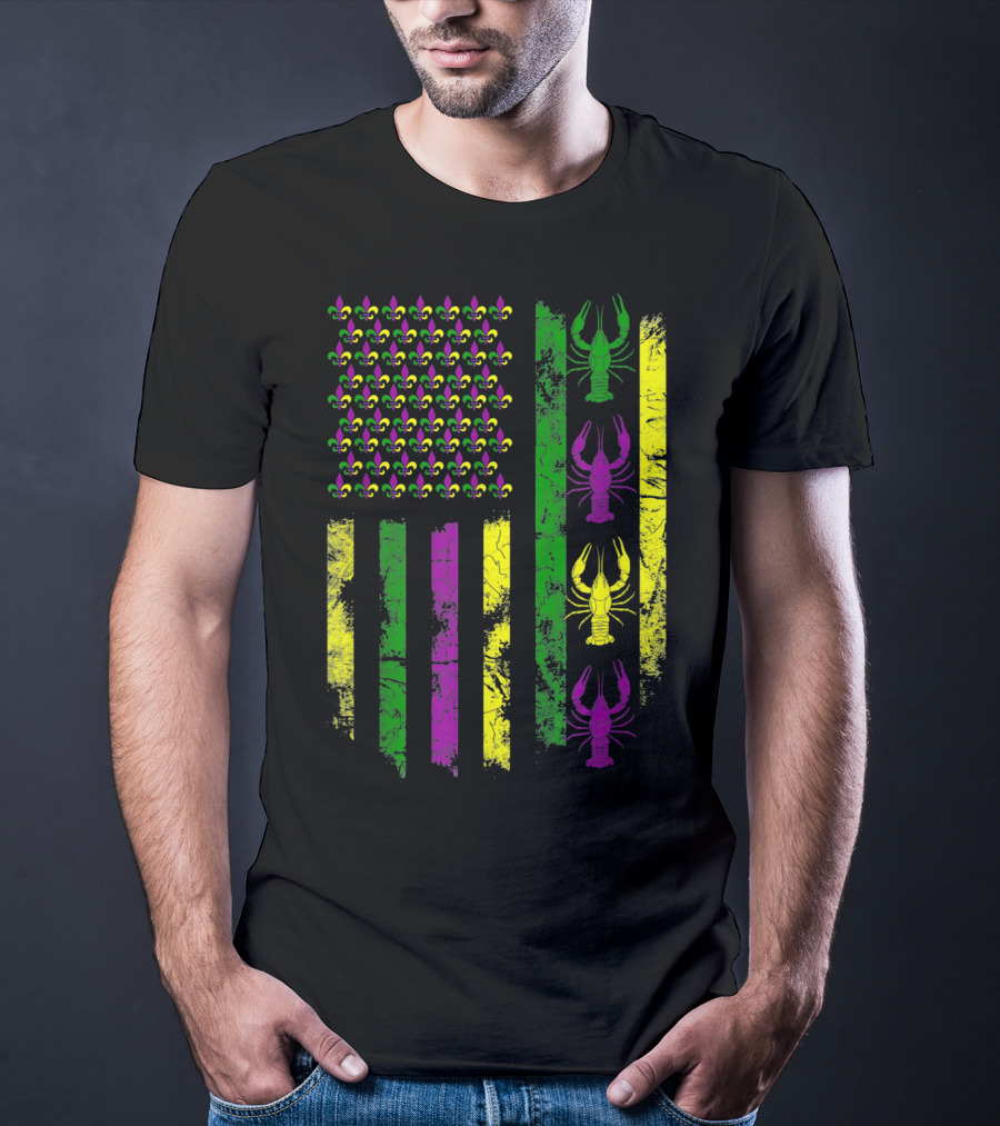 Mardi Gras Fleur-de-Lis Crawfish Flag In Purple Green Gold T-Shirt