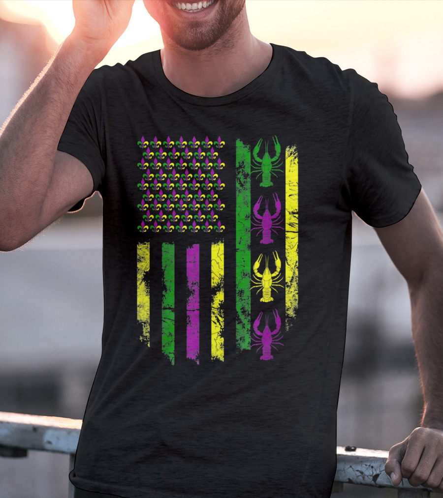 Mardi Gras Fleur-de-Lis Crawfish Flag In Purple Green Gold T-Shirt