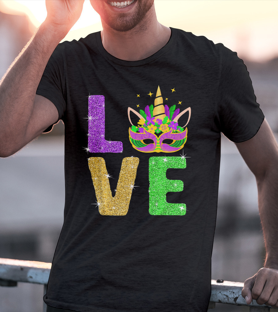 Unicorn Masquerade Mask Mardi Gras Love T-Shirt