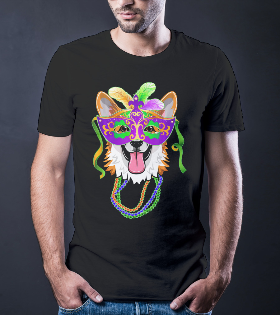 Mardi Gras Corgi Mask With Colorful Beads And Feathers T-Shirt