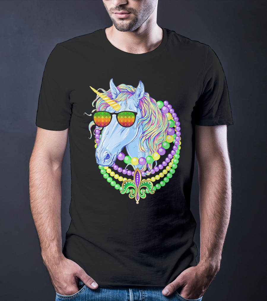 Unicorn With Sunglasses And Colorful Beads Featuring Fleur-de-Lis For Mardi Gras T-Shirt