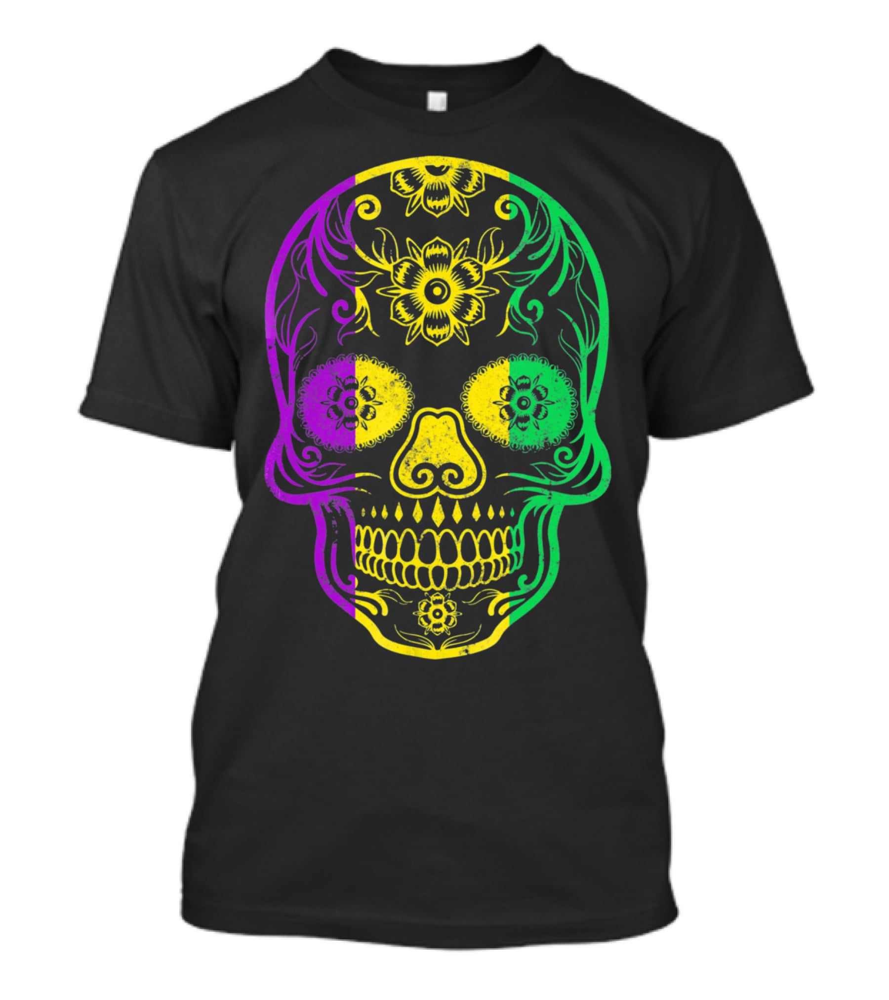 Mardi Gras Skull In Vibrant Purple Green And Yellow Fat Tuesday Colors T-Shirt